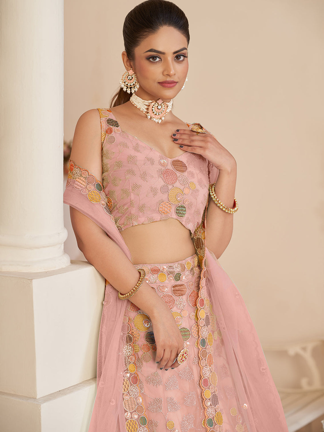 Pink Net Embroidered Semi stitched Lehenga With Unstitched blouse