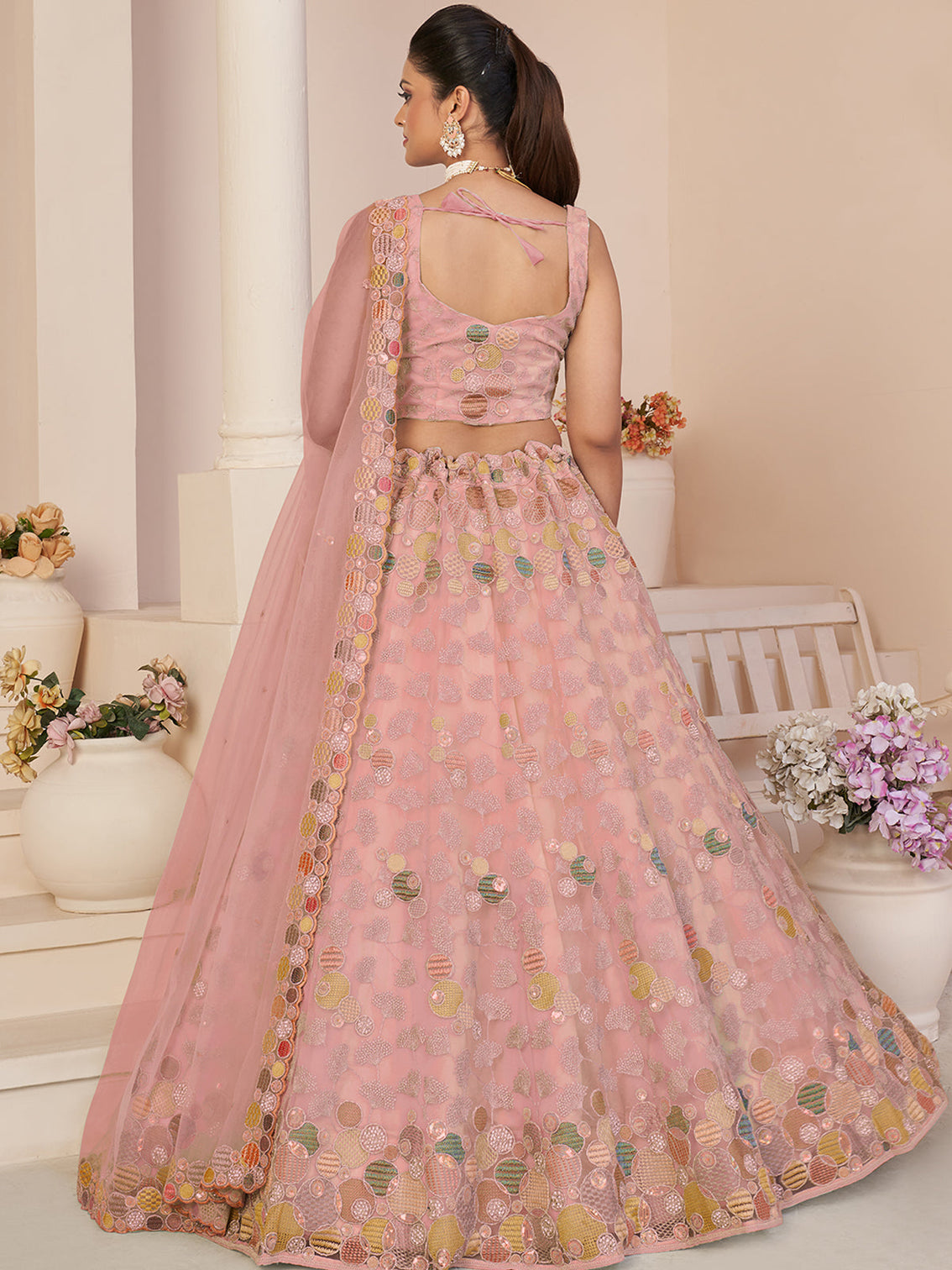 Pink Net Embroidered Semi stitched Lehenga With Unstitched blouse
