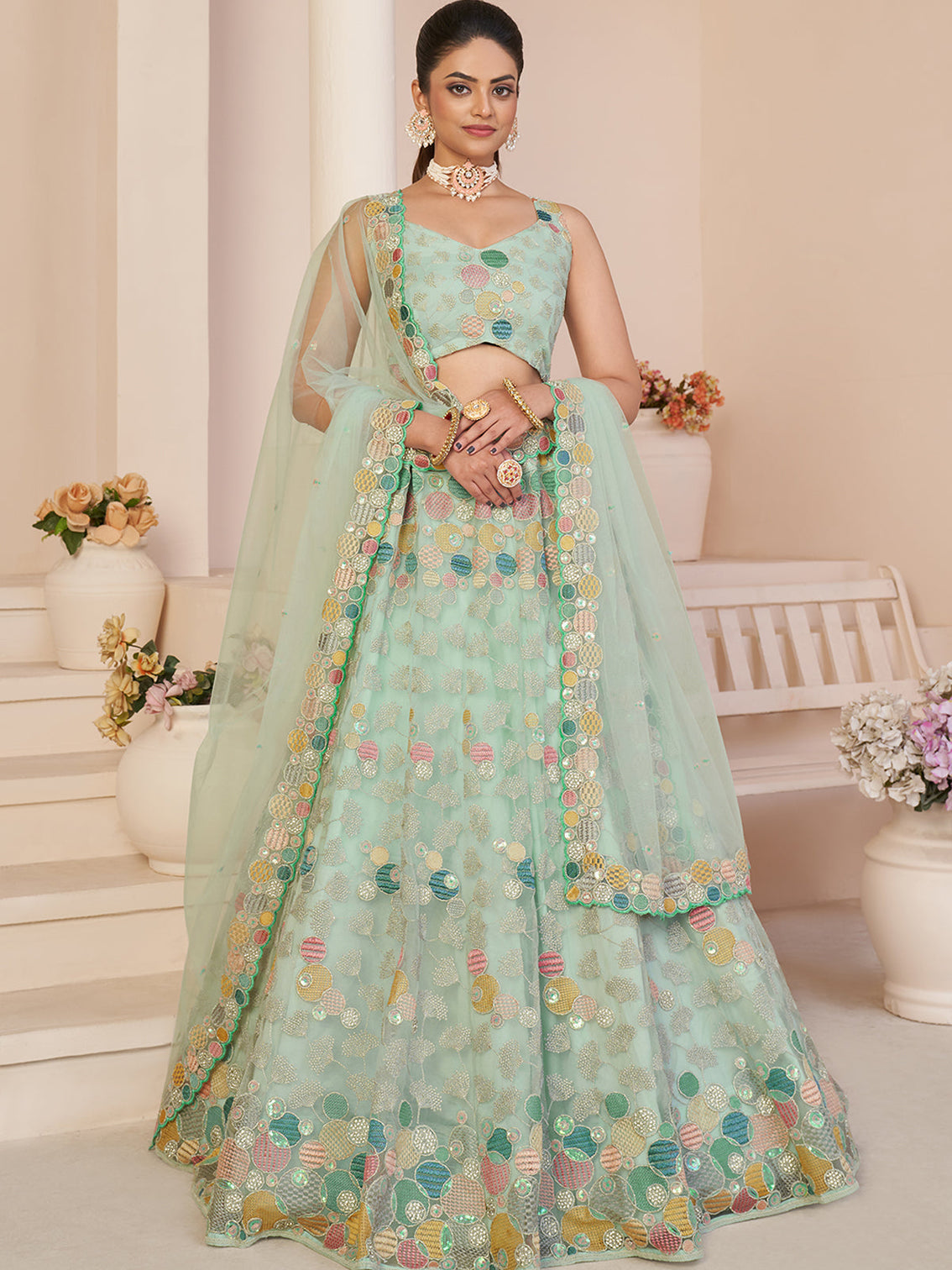 Turquoise Net Embroidered Semi stitched Lehenga With Unstitched blouse