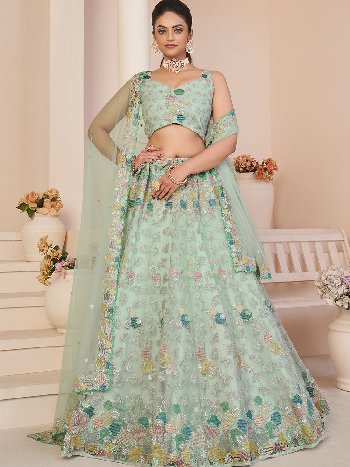 Turquoise Net Embroidered Semi stitched Lehenga With Unstitched blouse