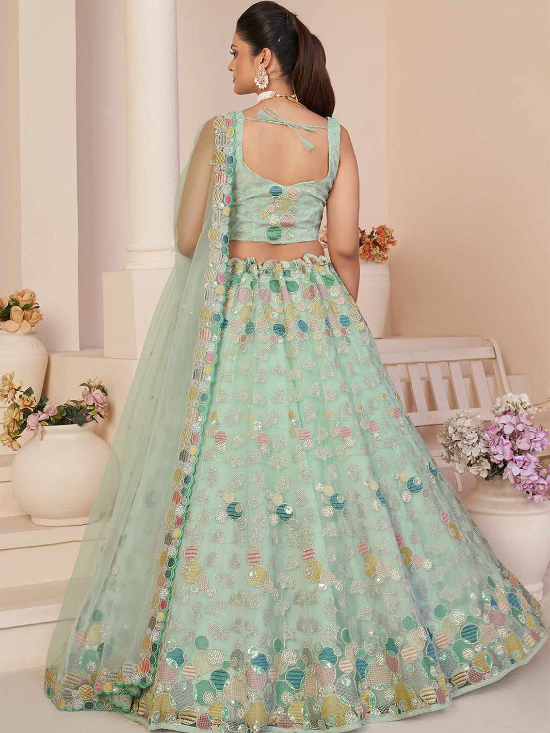 Turquoise Net Embroidered Semi stitched Lehenga With Unstitched blouse