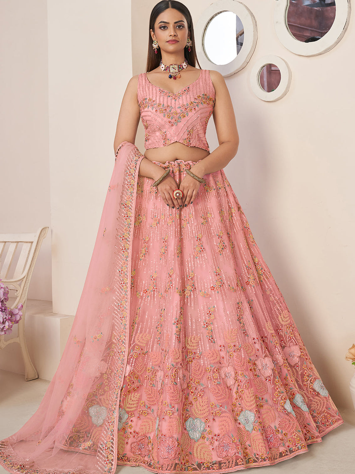 Pink Net Embroidered Semi stitched Lehenga With Unstitched blouse