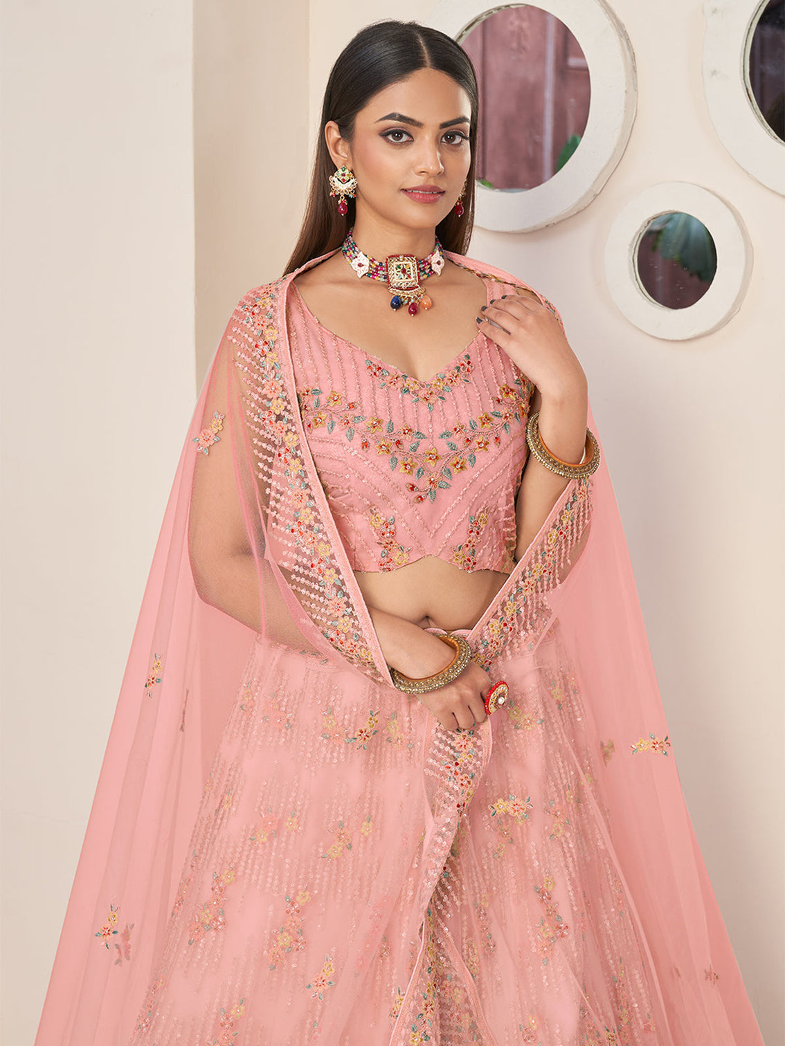 Pink Net Embroidered Semi stitched Lehenga With Unstitched blouse