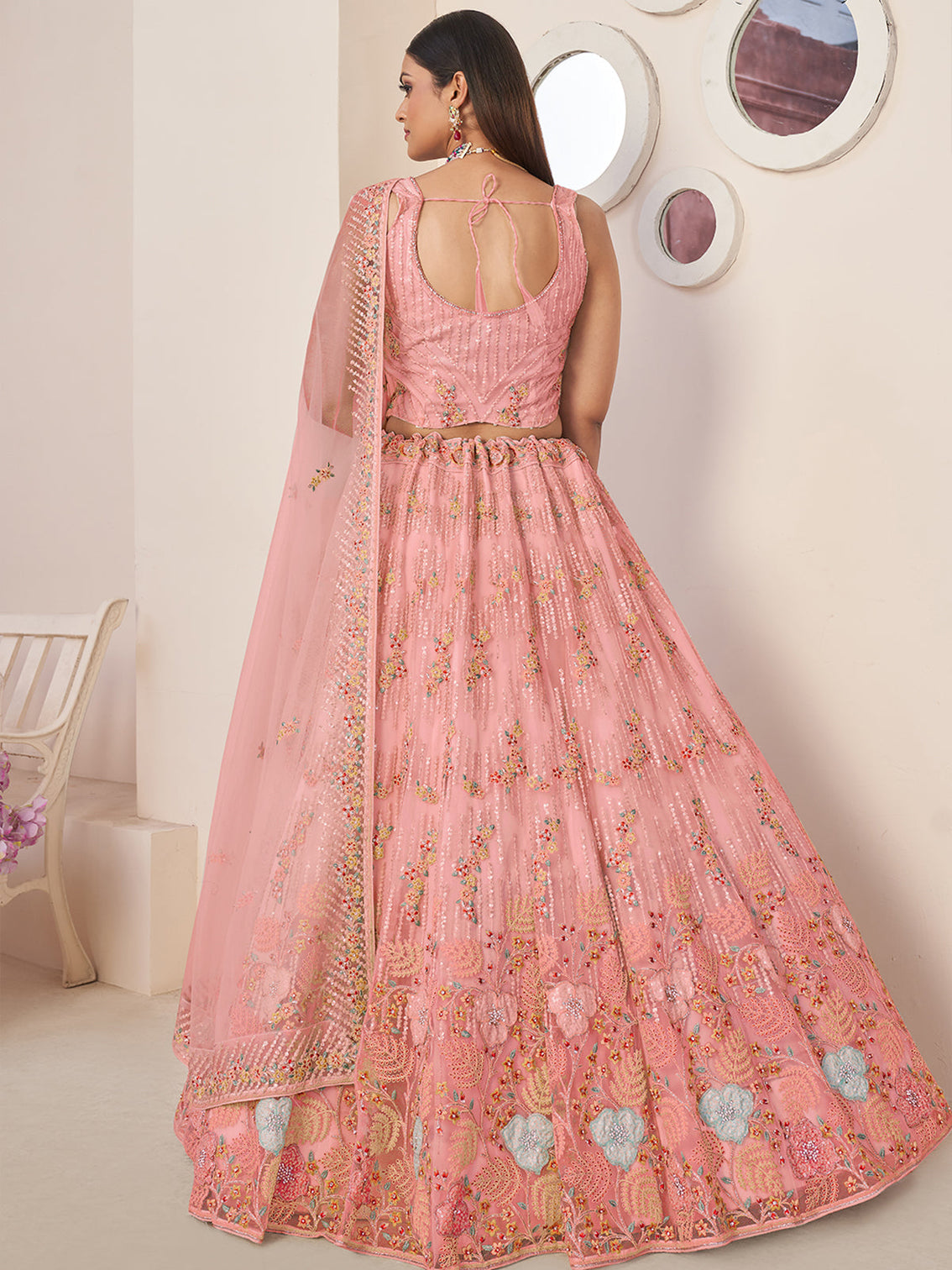 Pink Net Embroidered Semi stitched Lehenga With Unstitched blouse