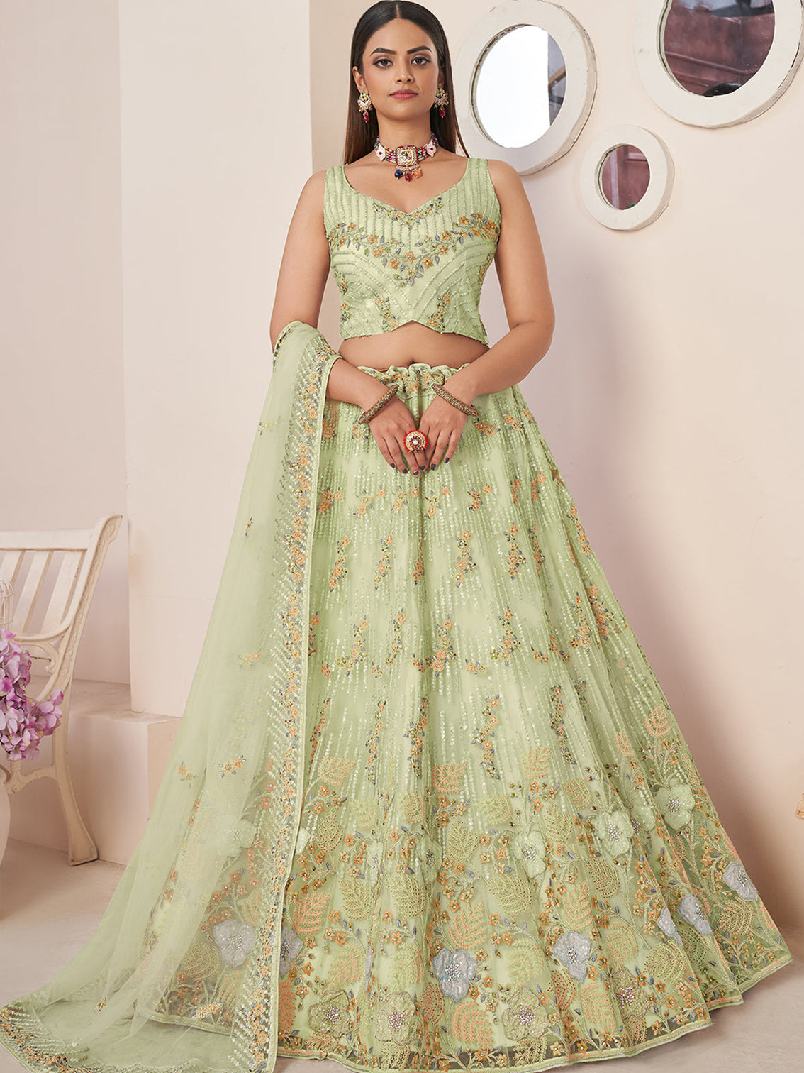 Green Net Embroidered Semi stitched Lehenga With Unstitched blouse