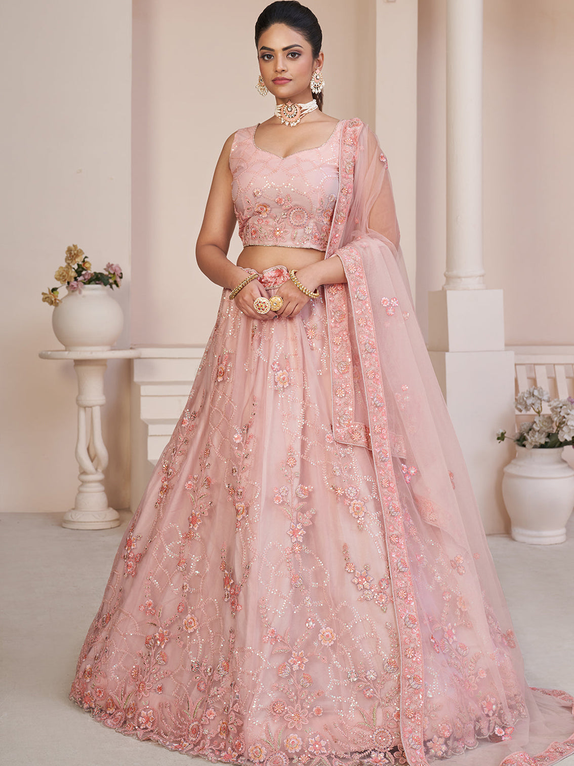 Pink Net Embroidered Semi stitched Lehenga With Unstitched blouse