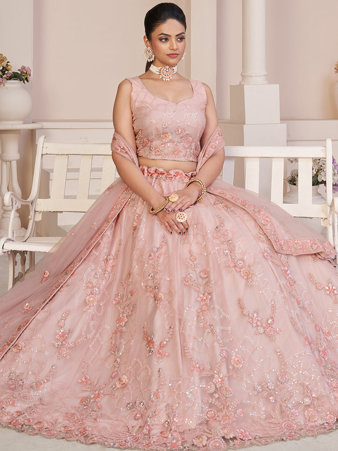 Pink Net Embroidered Semi stitched Lehenga With Unstitched blouse