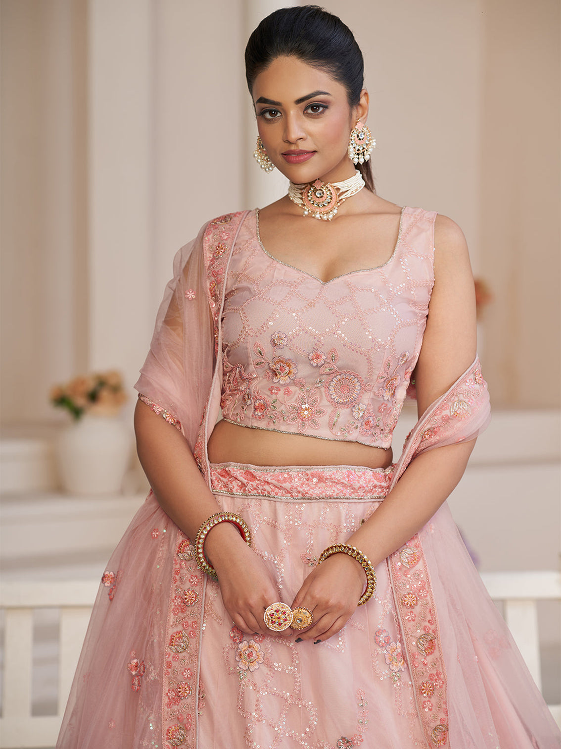 Pink Net Embroidered Semi stitched Lehenga With Unstitched blouse