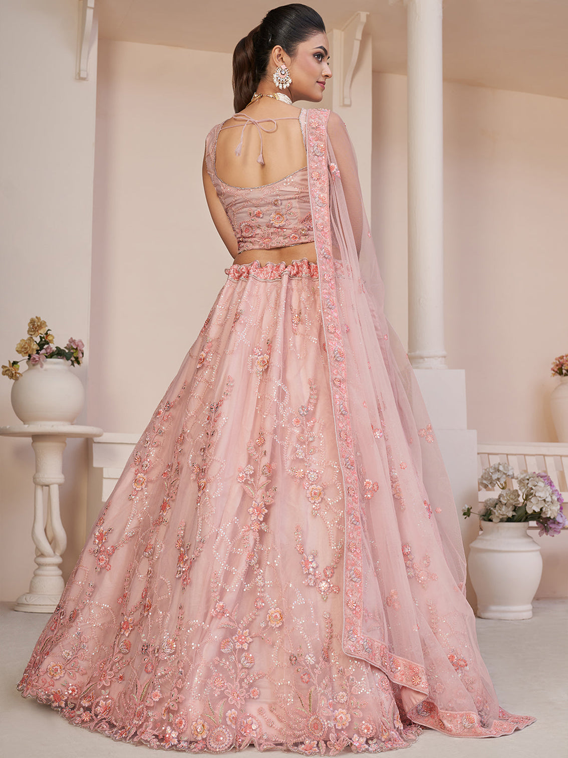Pink Net Embroidered Semi stitched Lehenga With Unstitched blouse