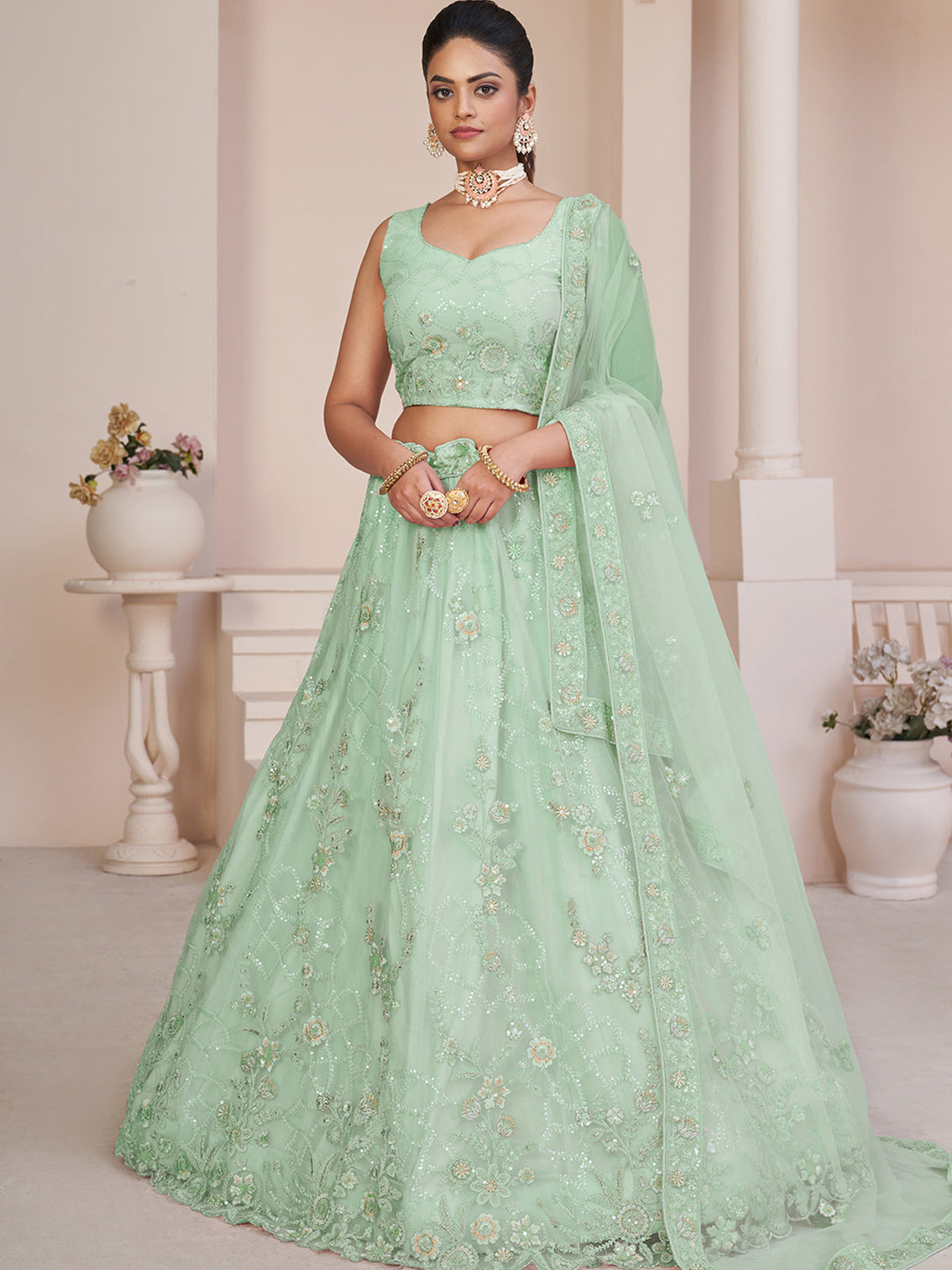 Turquoise Net Embroidered Semi stitched Lehenga With Unstitched blouse