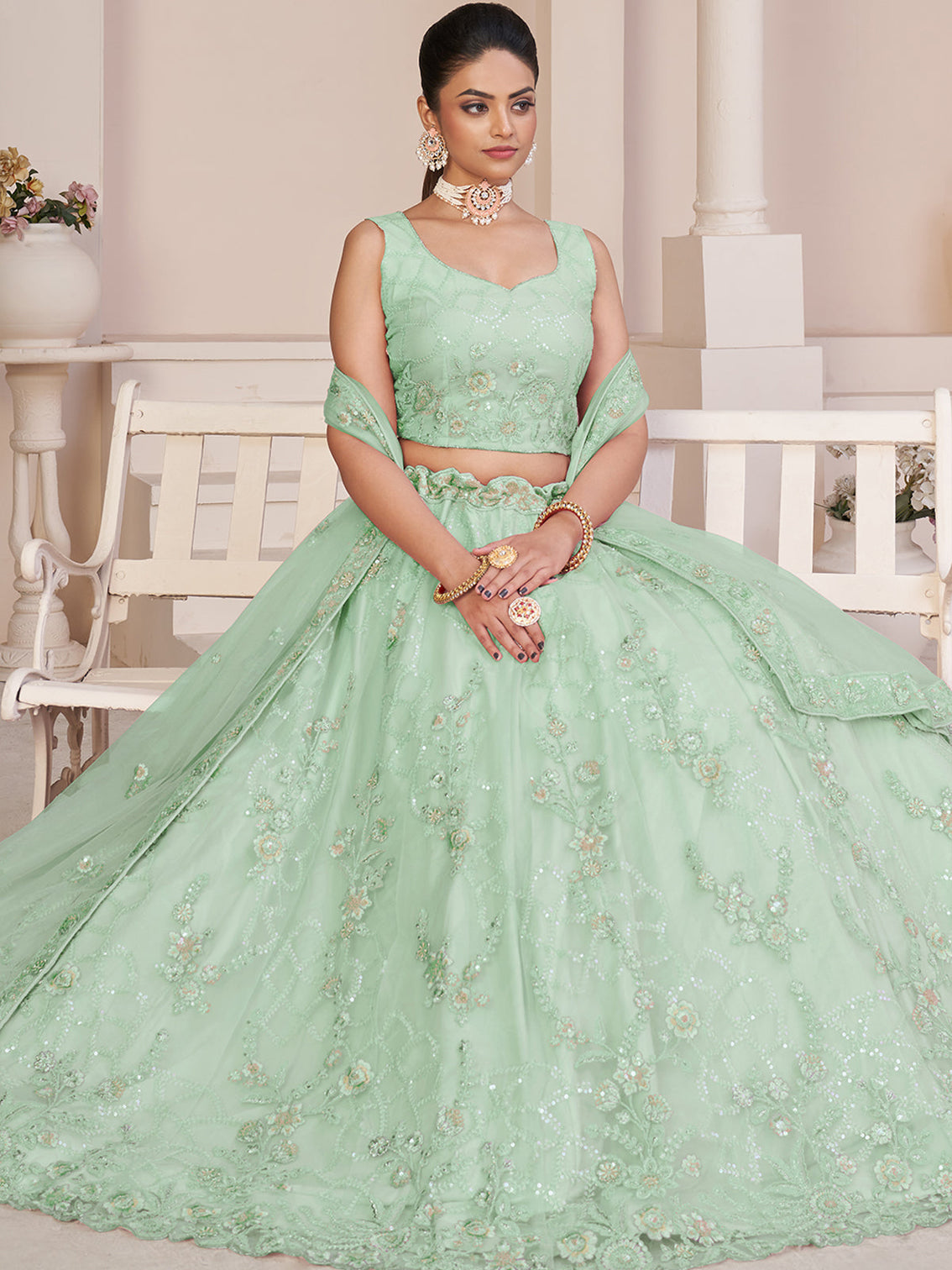 Turquoise Net Embroidered Semi stitched Lehenga With Unstitched blouse