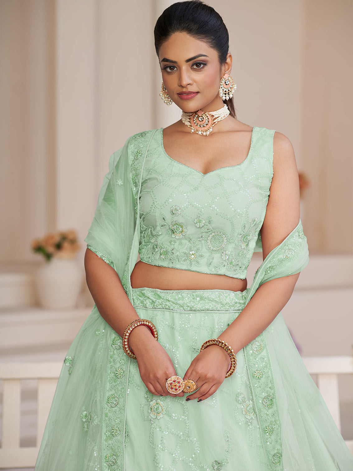 Turquoise Net Embroidered Semi stitched Lehenga With Unstitched blouse