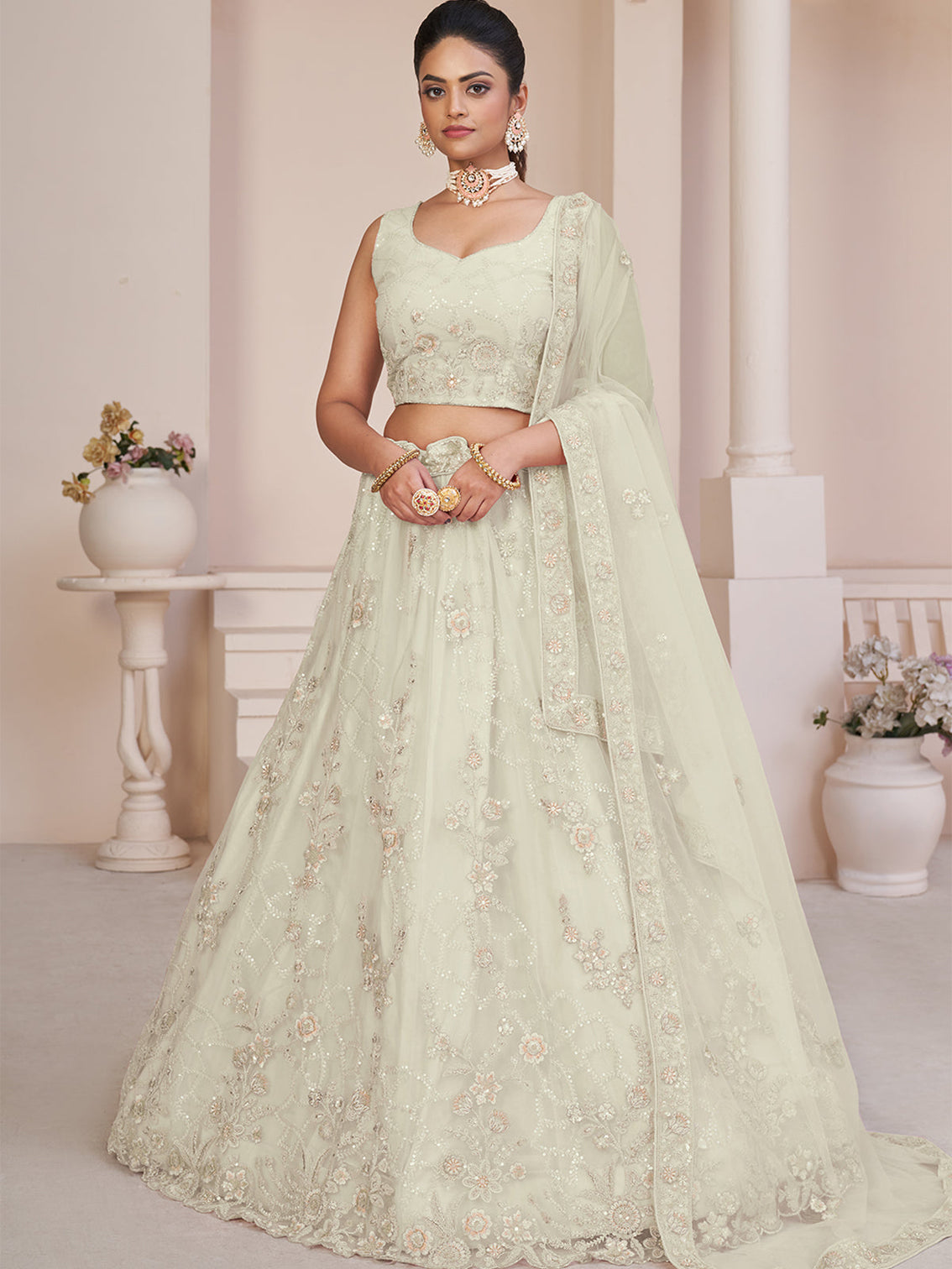 White Net Embroidered Semi stitched Lehenga With Unstitched blouse