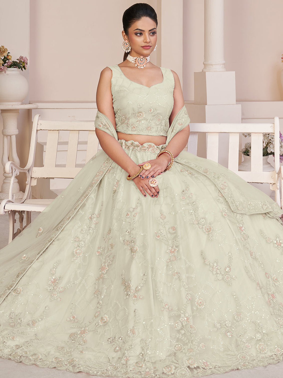 White Net Embroidered Semi stitched Lehenga With Unstitched blouse