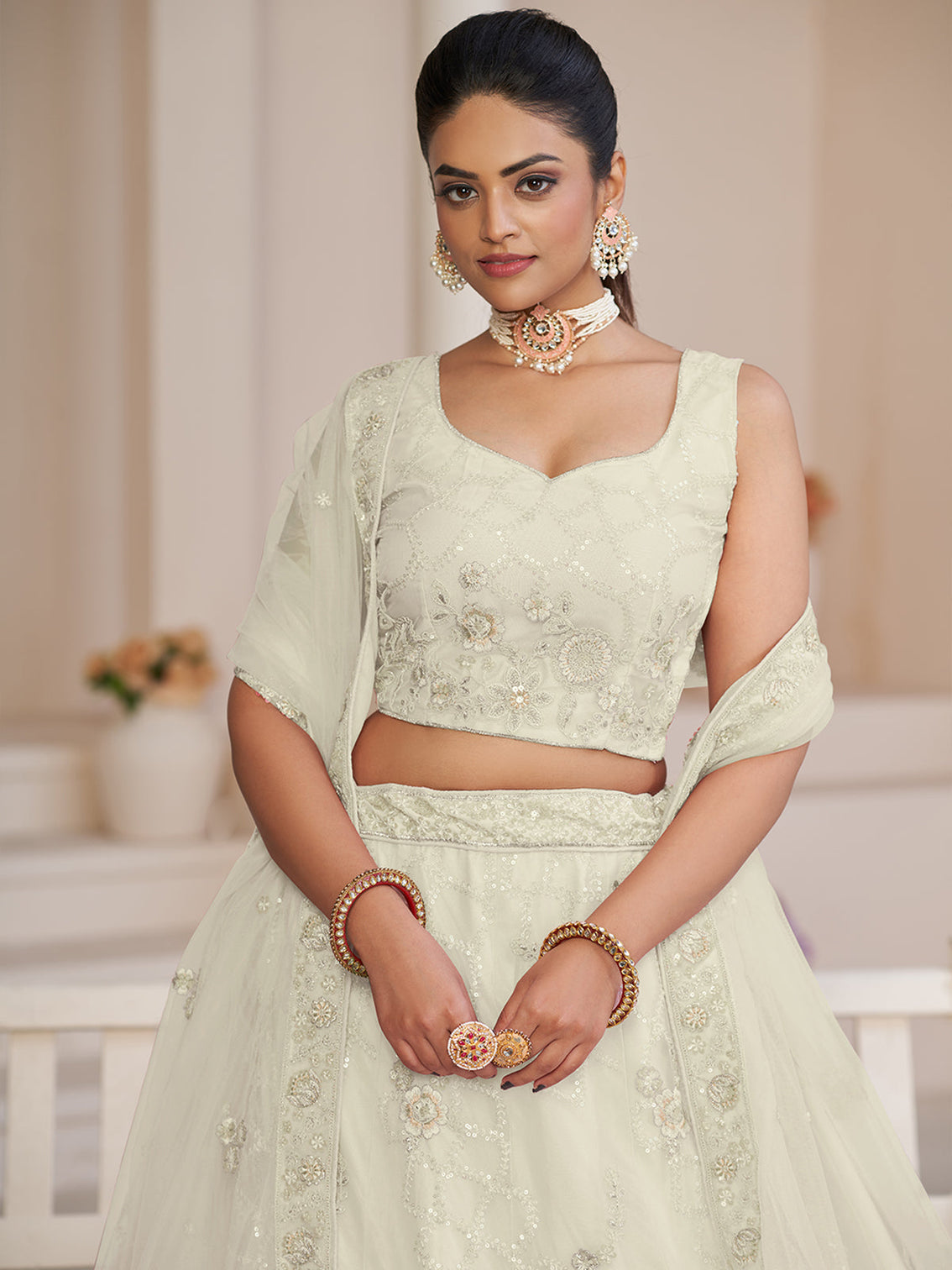 White Net Embroidered Semi stitched Lehenga With Unstitched blouse
