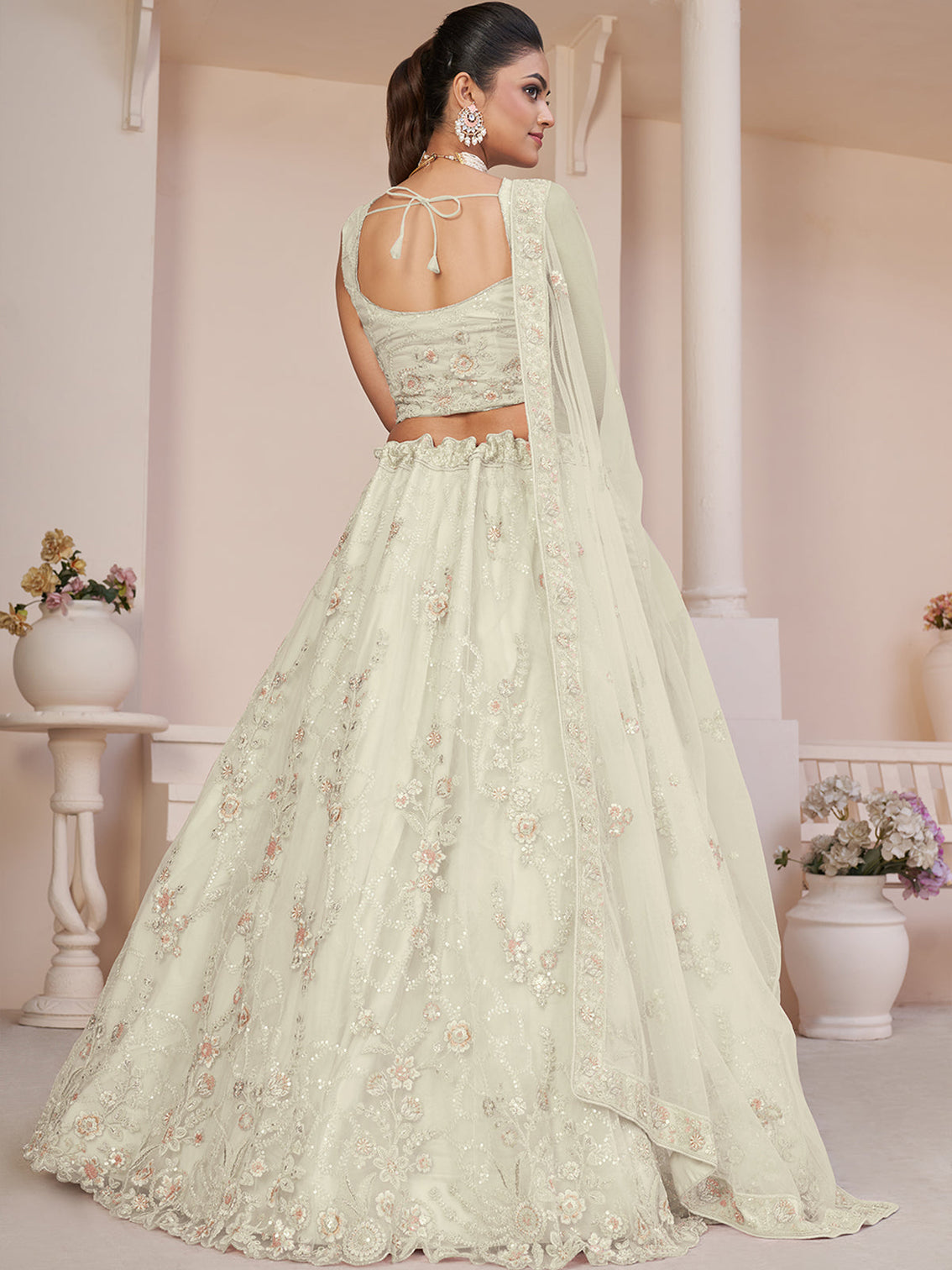 White Net Embroidered Semi stitched Lehenga With Unstitched blouse