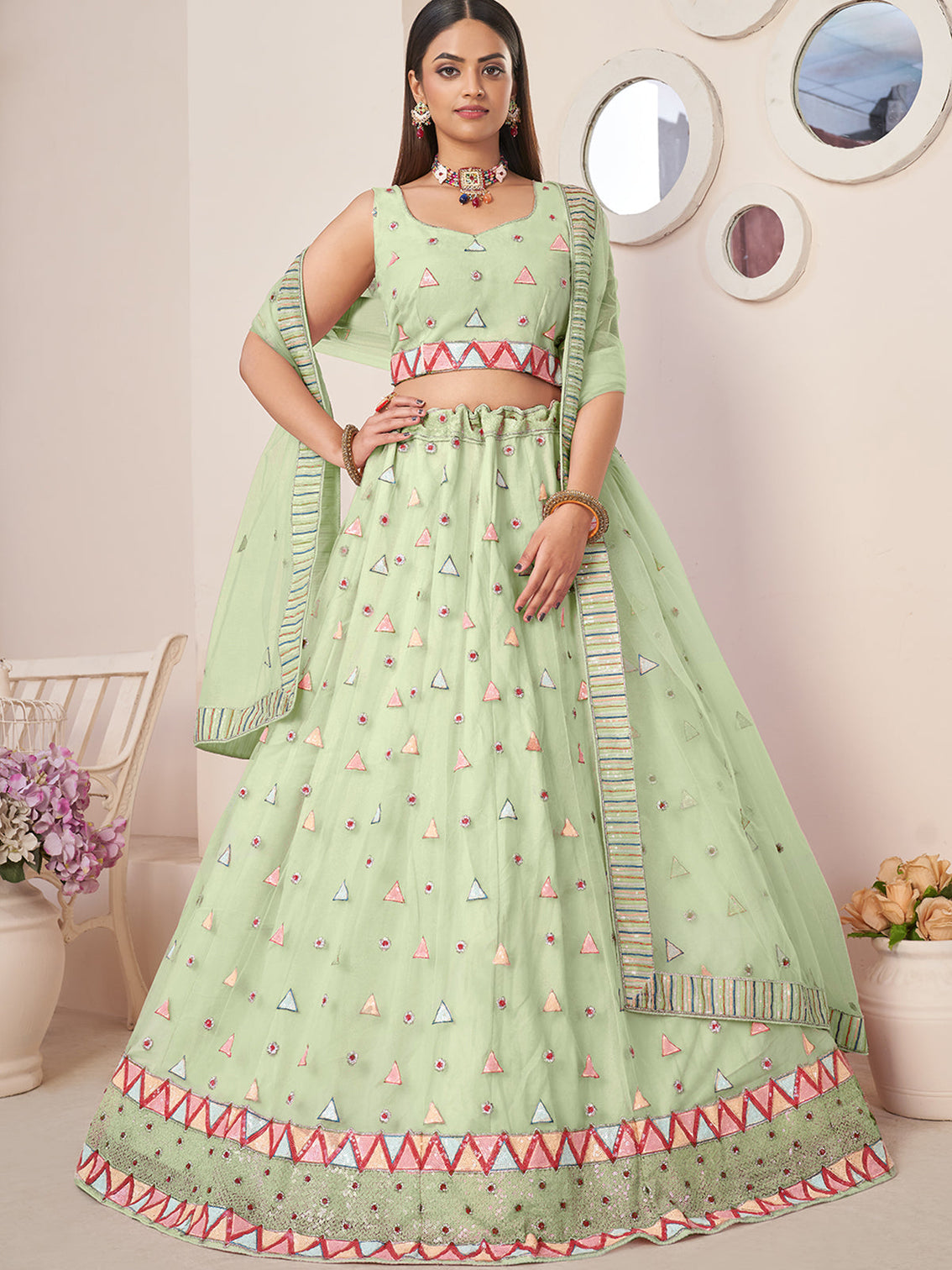 Green Net Embellished Semi stitched Lehenga With Unstitched blouse
