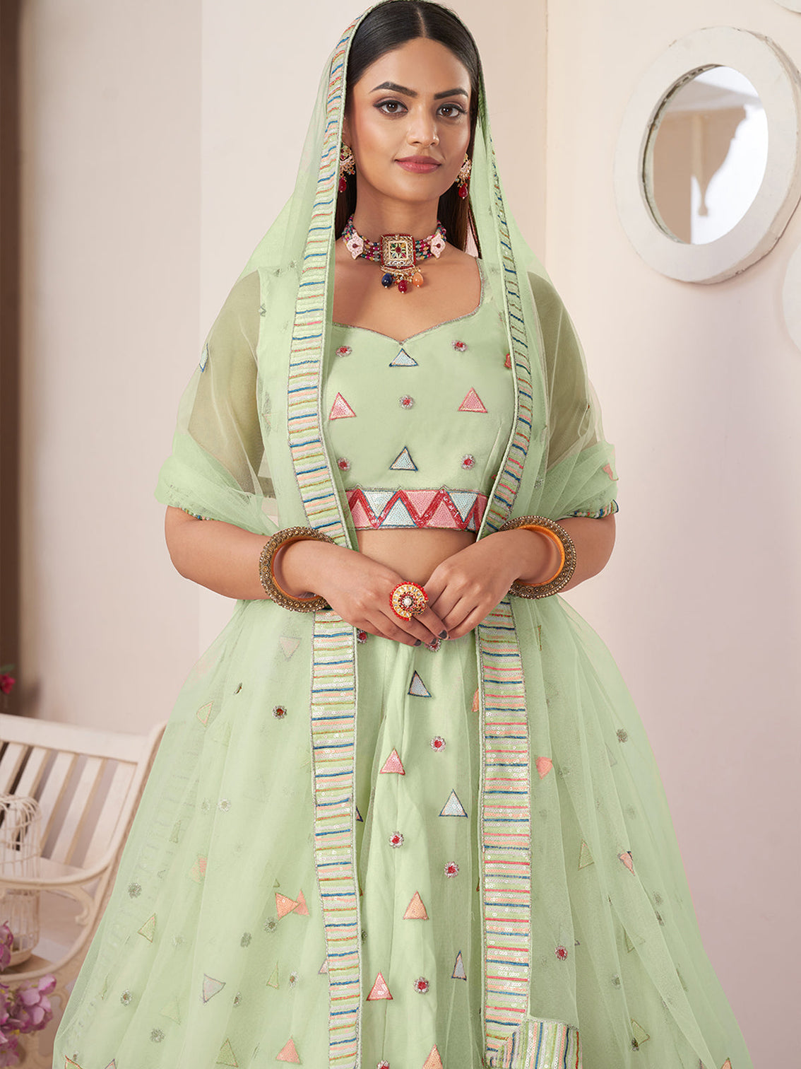 Green Net Embellished Semi stitched Lehenga With Unstitched blouse