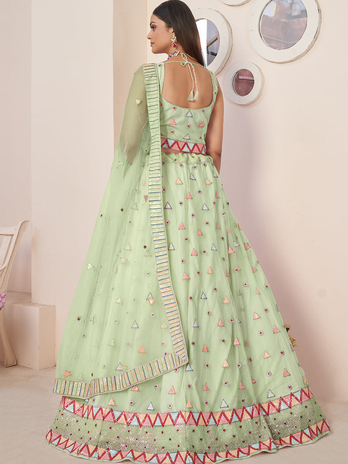 Green Net Embellished Semi stitched Lehenga With Unstitched blouse