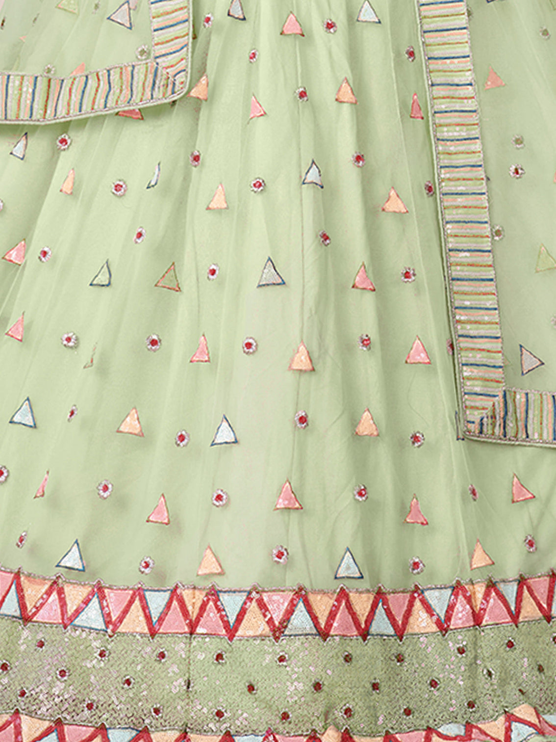 Green Net Embellished Semi stitched Lehenga With Unstitched blouse