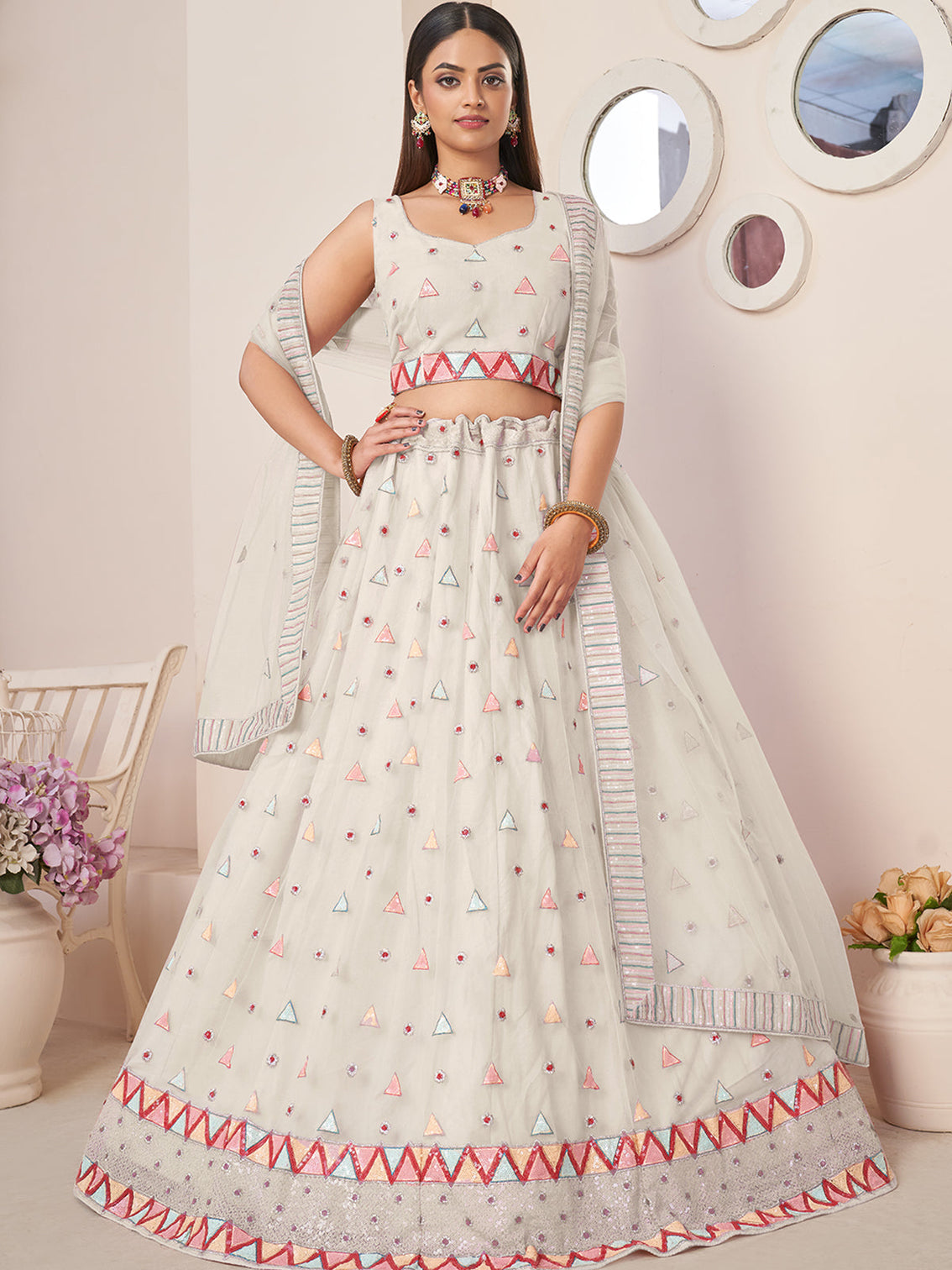 White Net Embellished Semi stitched Lehenga With Unstitched blouse