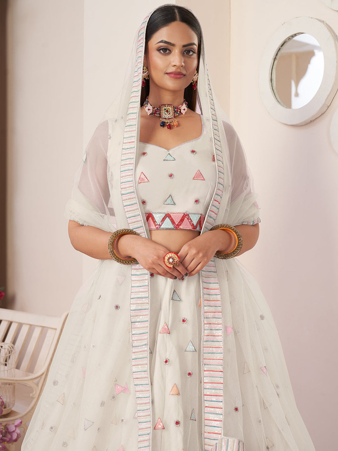 White Net Embellished Semi stitched Lehenga With Unstitched blouse