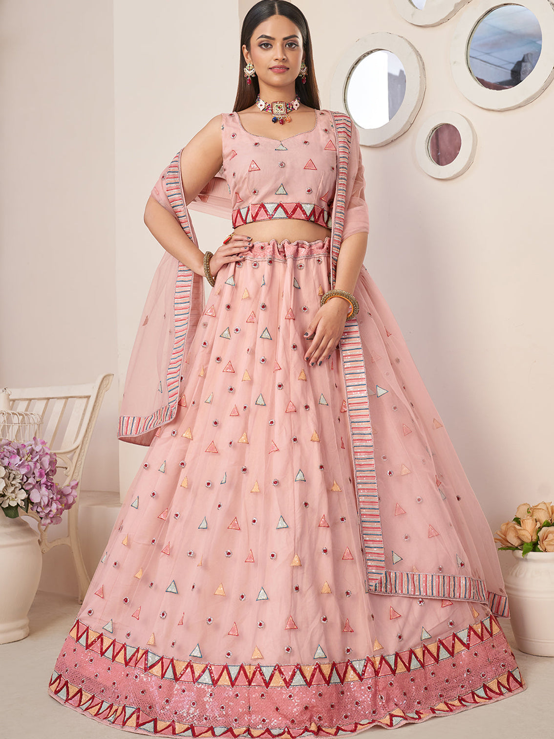Pink Net Embellished Semi stitched Lehenga With Unstitched blouse