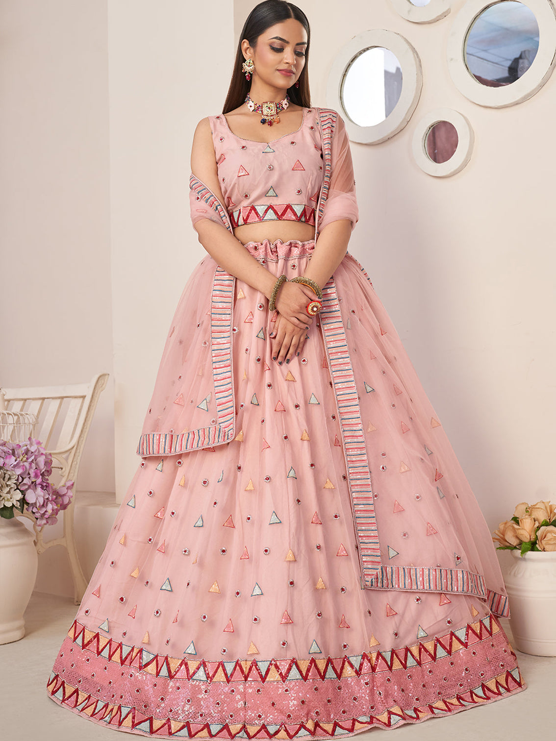 Pink Net Embellished Semi stitched Lehenga With Unstitched blouse