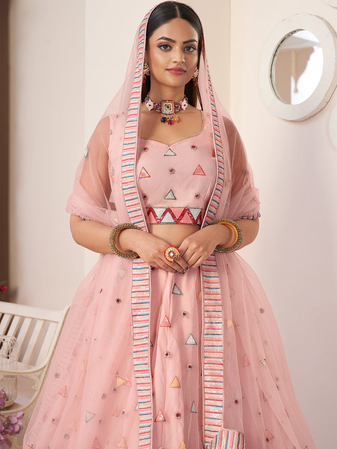Pink Net Embellished Semi stitched Lehenga With Unstitched blouse