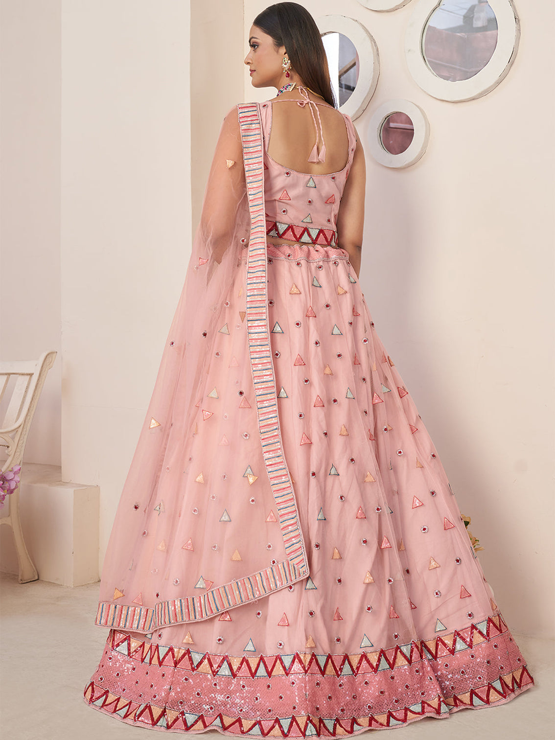 Pink Net Embellished Semi stitched Lehenga With Unstitched blouse