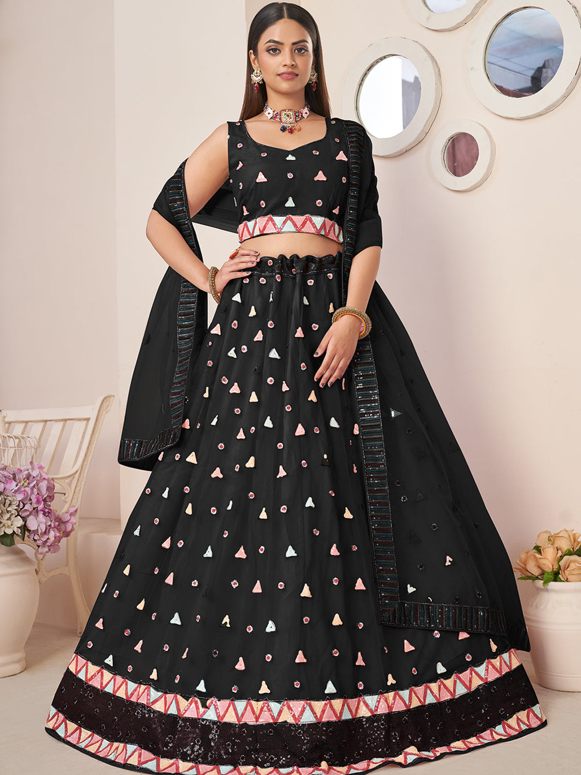 Black Net Embellished Semi stitched Lehenga With Unstitched blouse