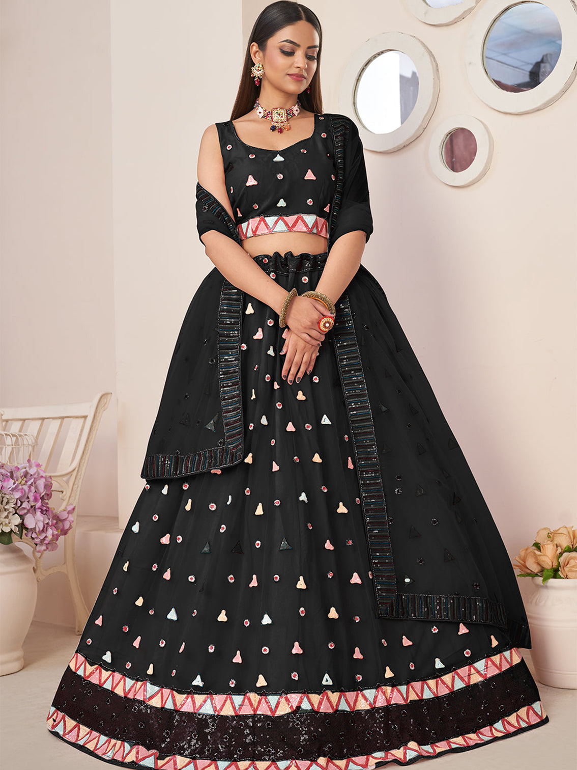 Black Net Embellished Semi stitched Lehenga With Unstitched blouse