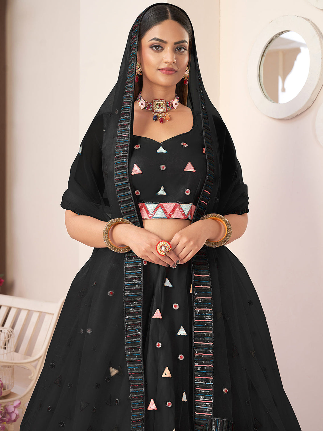 Black Net Embellished Semi stitched Lehenga With Unstitched blouse