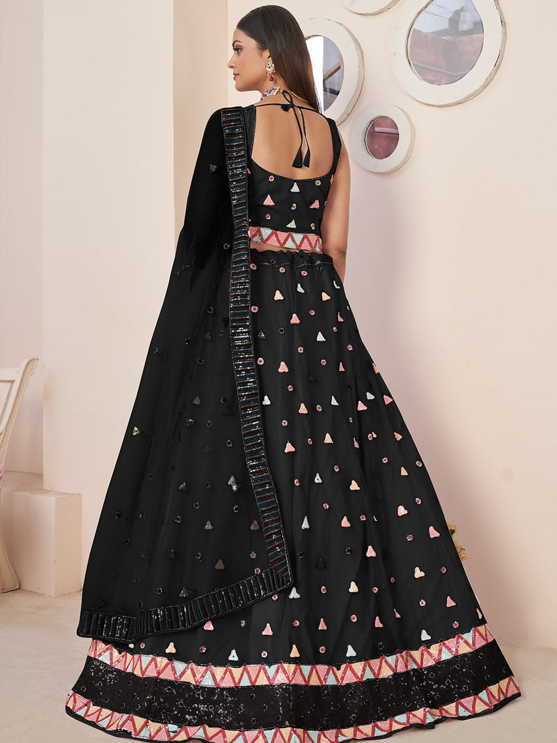 Black Net Embellished Semi stitched Lehenga With Unstitched blouse