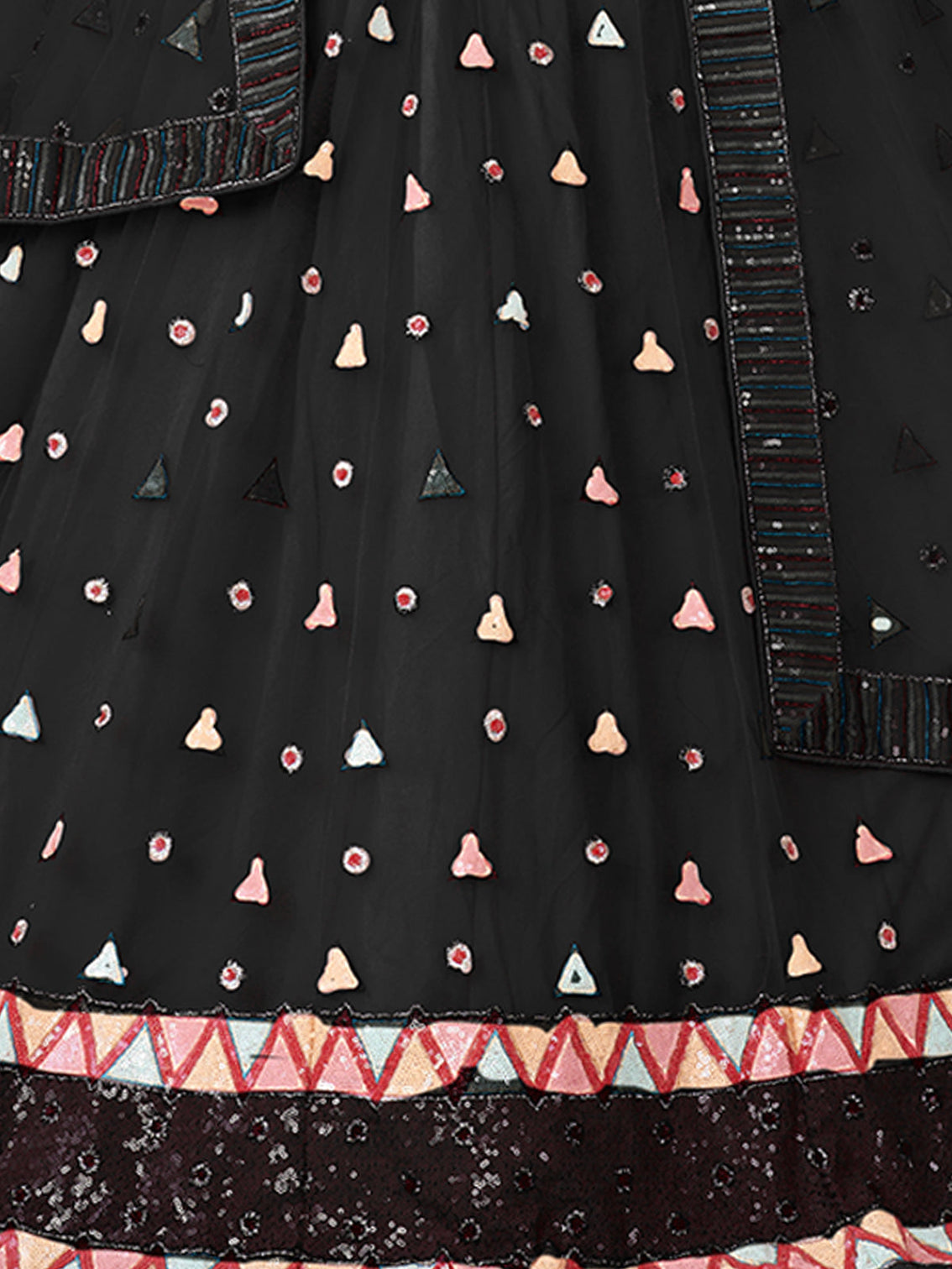 Black Net Embellished Semi stitched Lehenga With Unstitched blouse