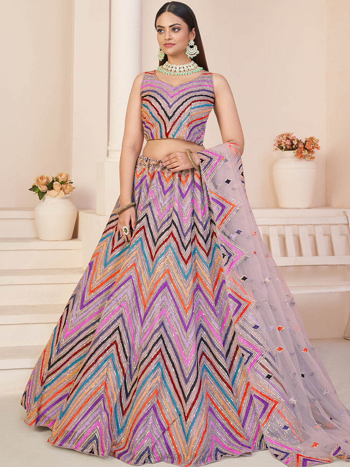 Pink Net Embroidered Semi stitched Lehenga With Unstitched blouse