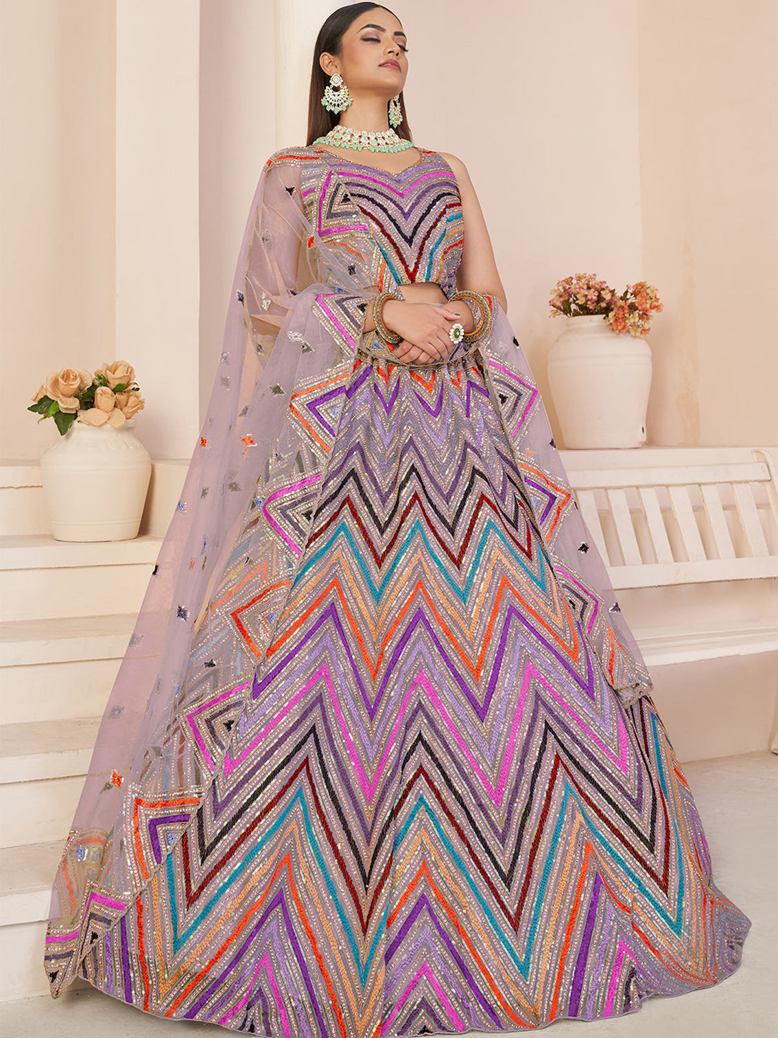 Pink Net Embroidered Semi stitched Lehenga With Unstitched blouse