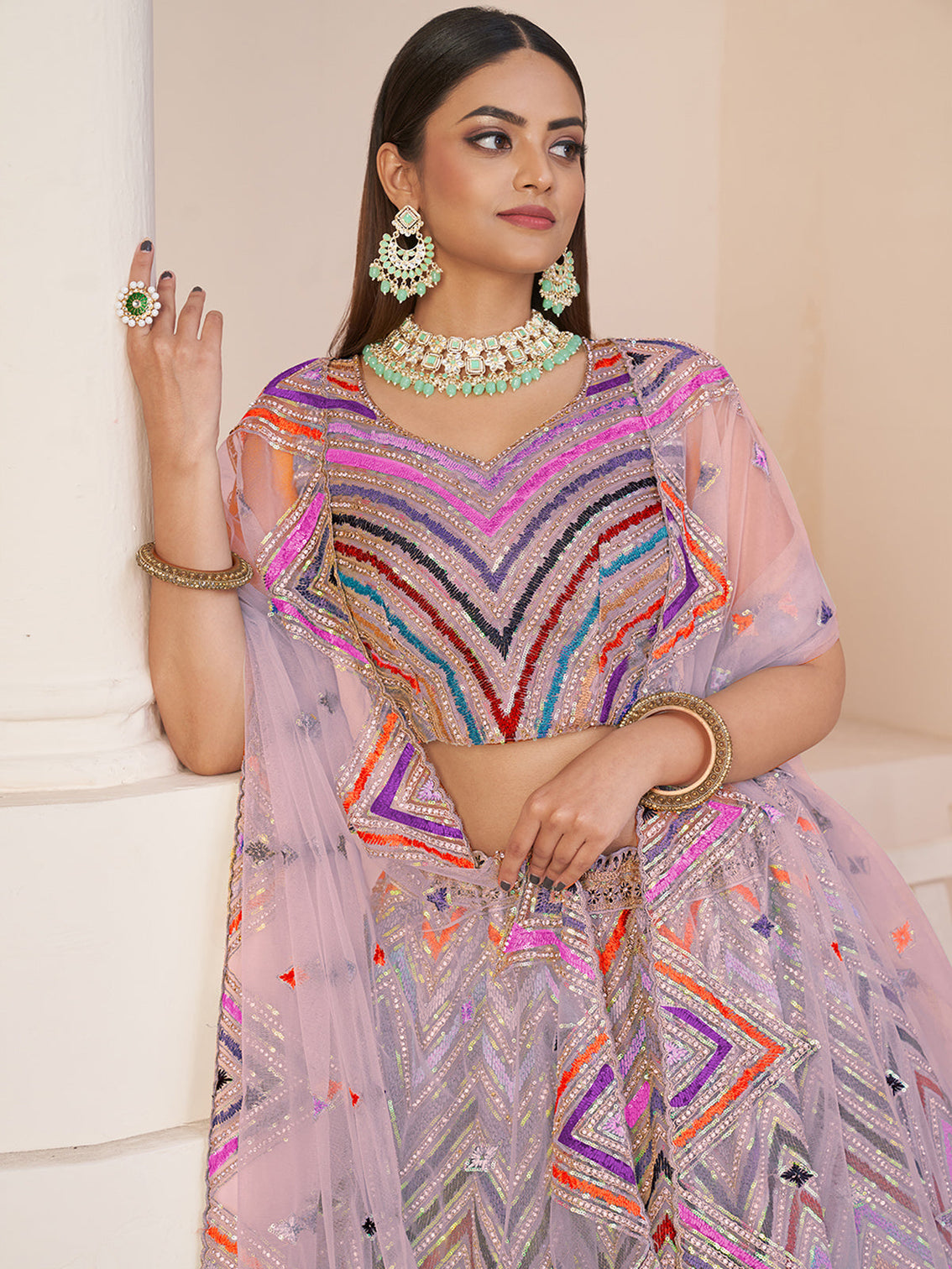 Pink Net Embroidered Semi stitched Lehenga With Unstitched blouse