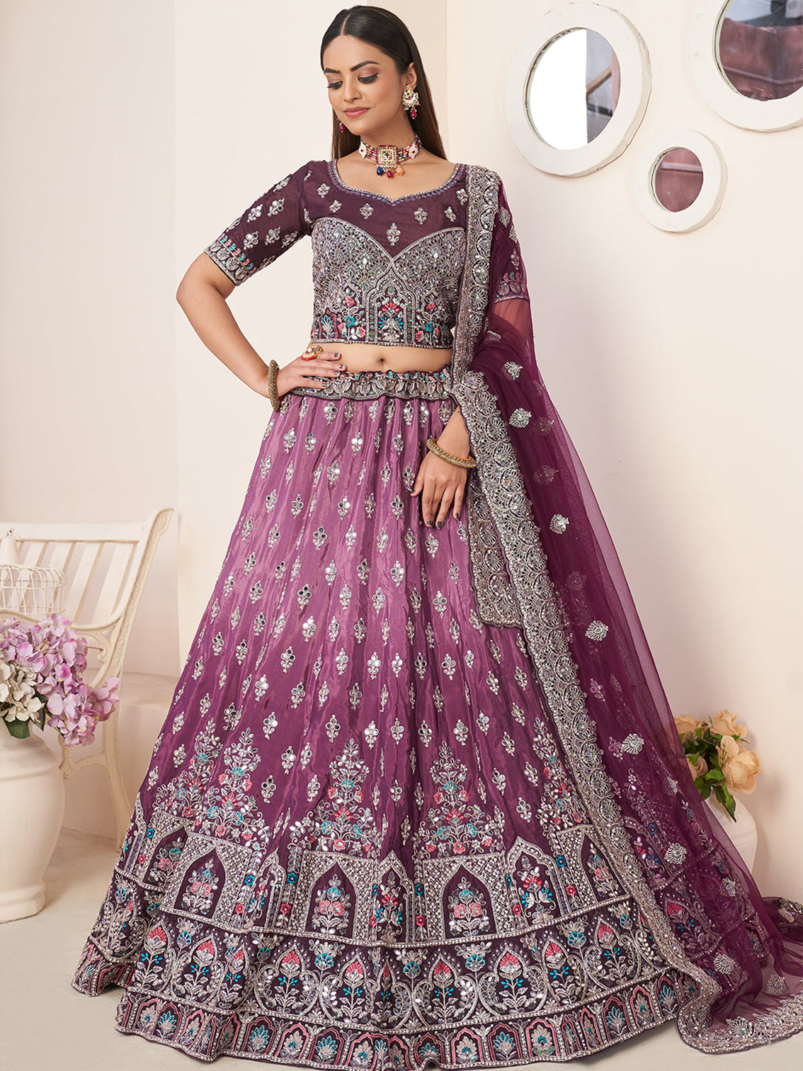 Wine Satin Embellished Semi stitched Lehenga With Unstitched blouse