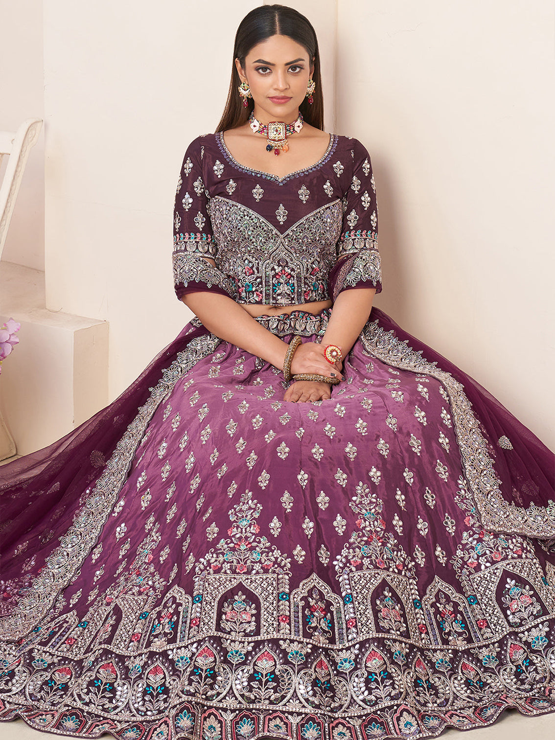 Wine Satin Embellished Semi stitched Lehenga With Unstitched blouse