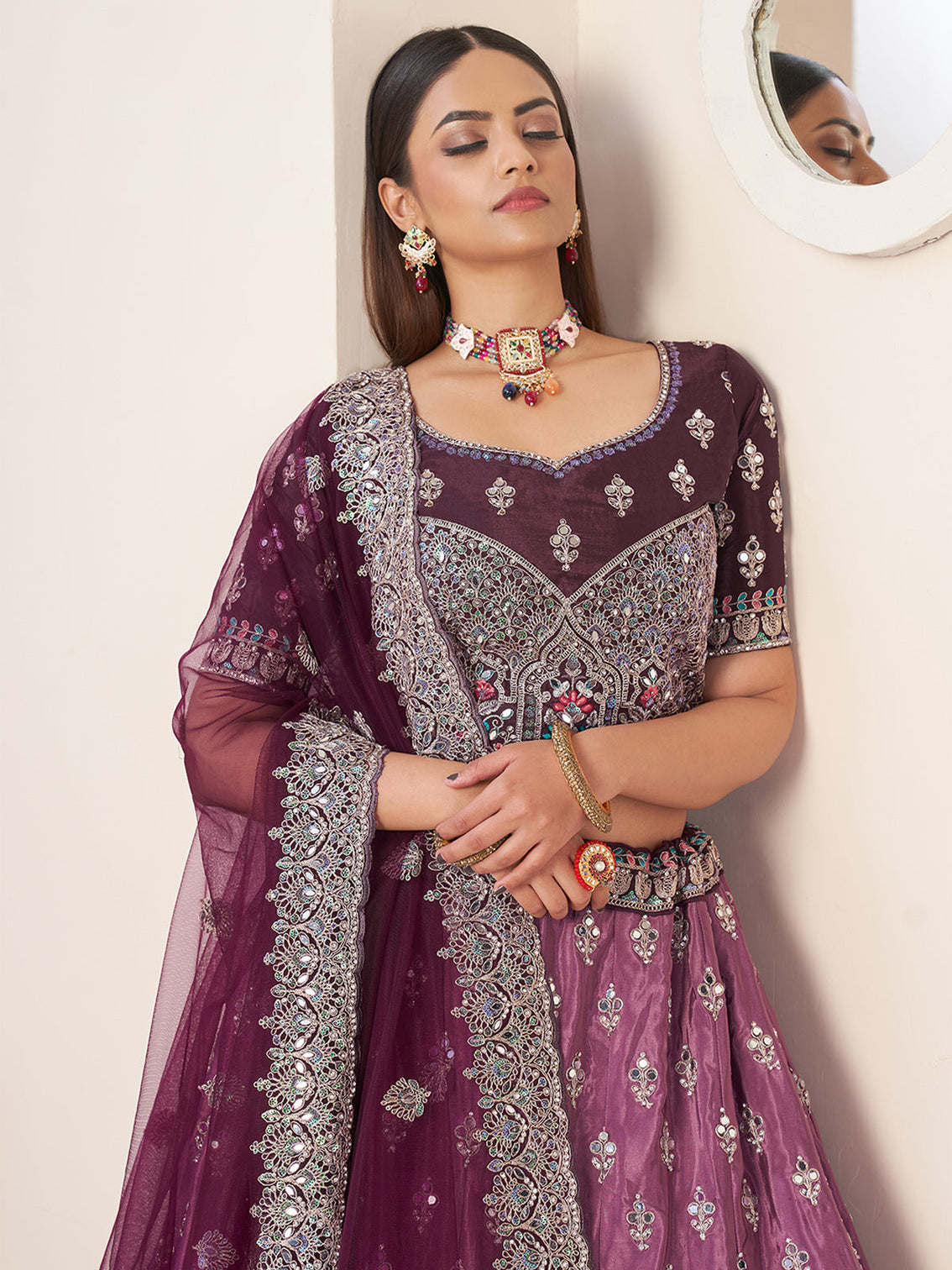 Wine Satin Embellished Semi stitched Lehenga With Unstitched blouse