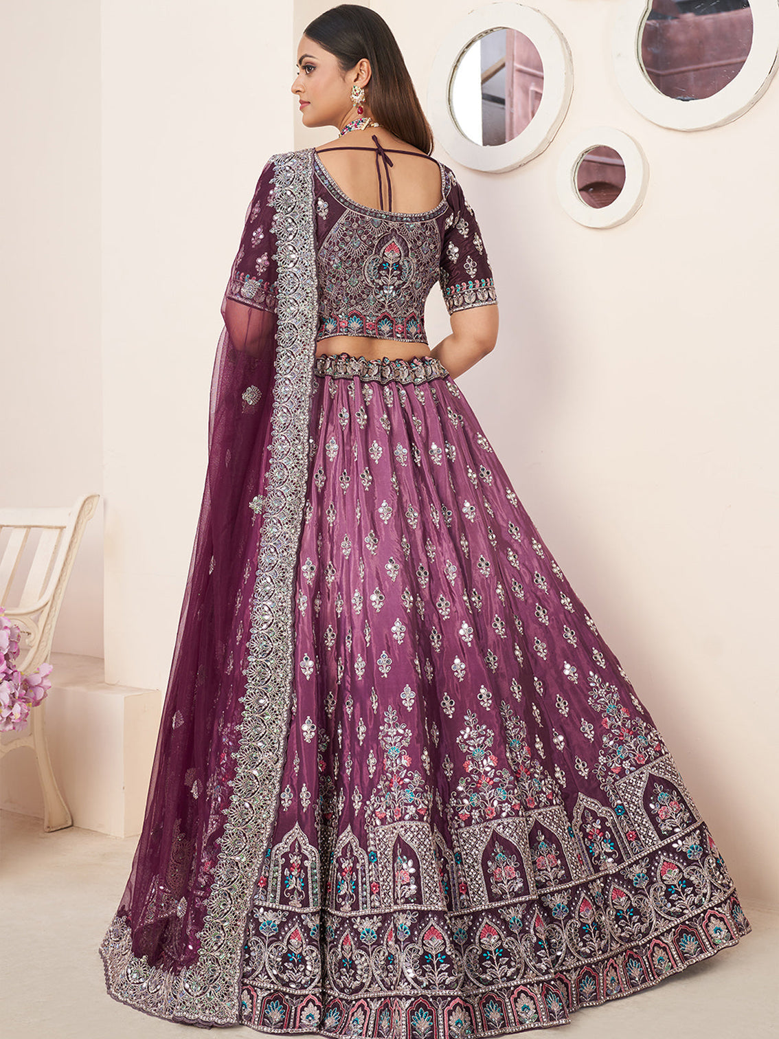 Wine Satin Embellished Semi stitched Lehenga With Unstitched blouse