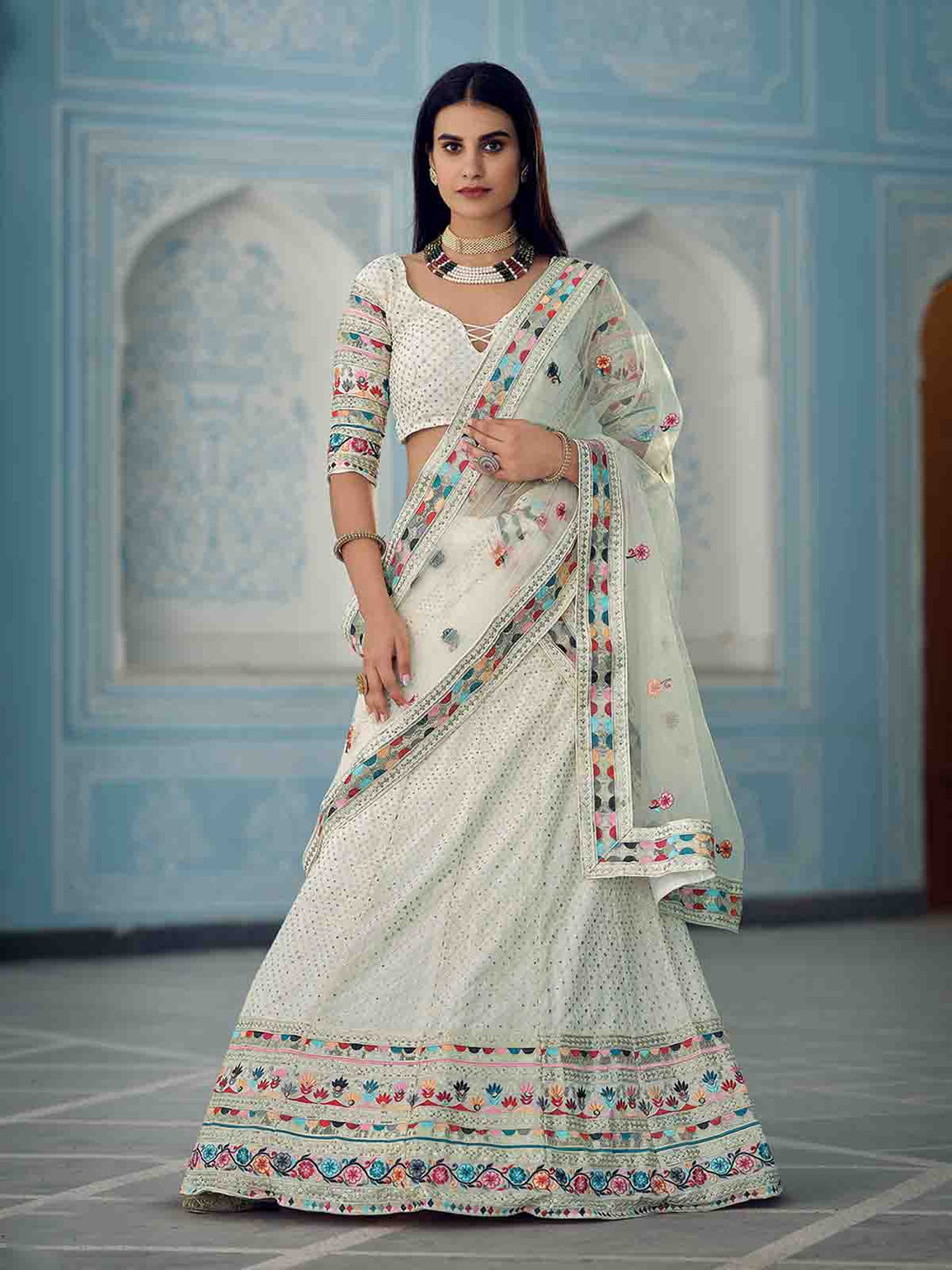 Designer White Semi Stitched Lehenga With Unstitched Blouse