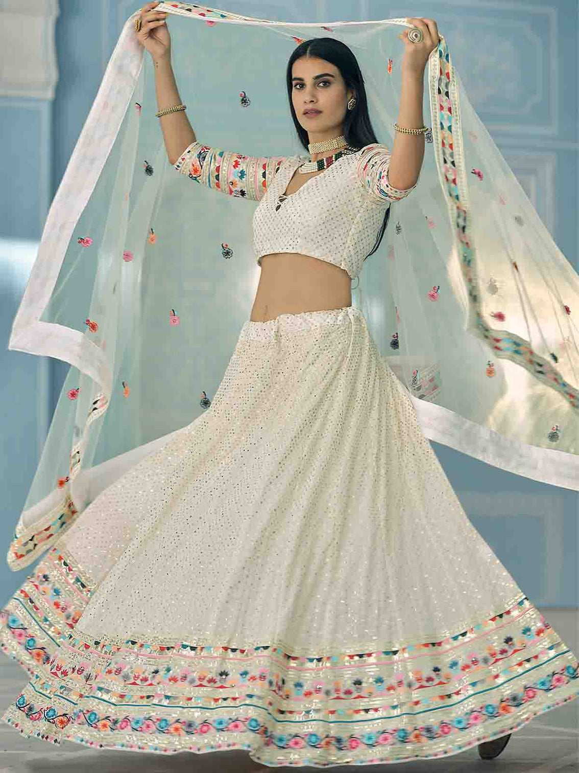 Designer White Semi Stitched Lehenga With Unstitched Blouse