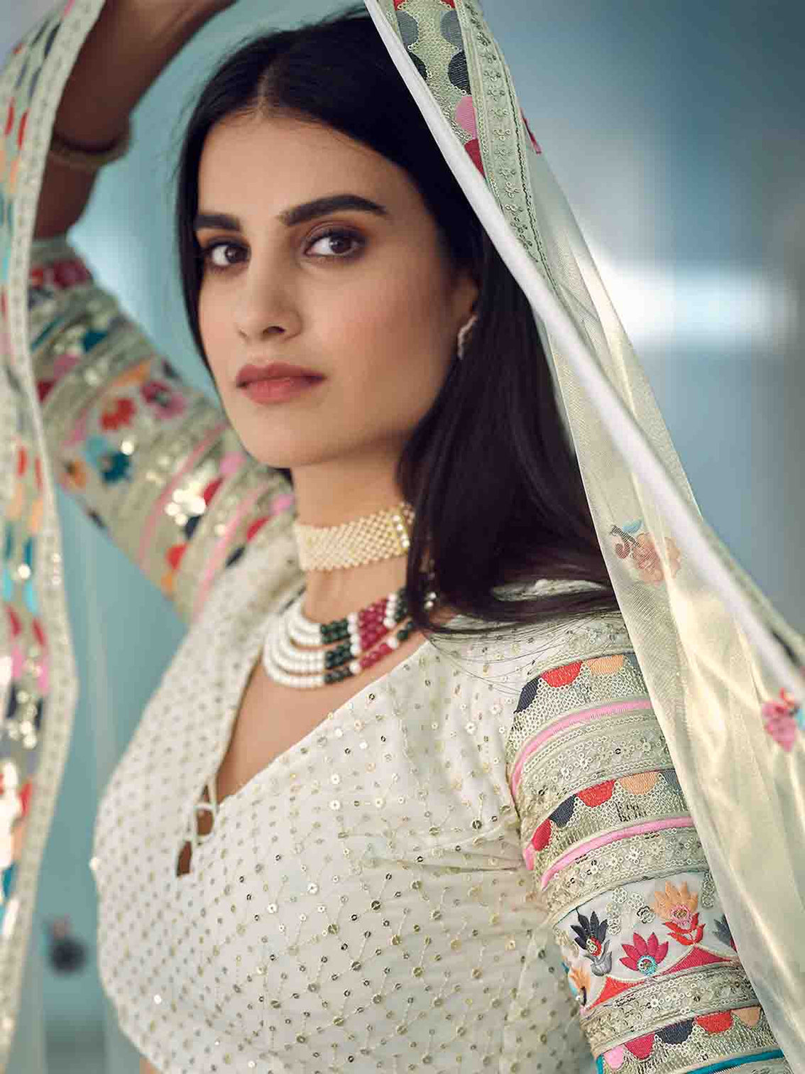 Designer White Semi Stitched Lehenga With Unstitched Blouse