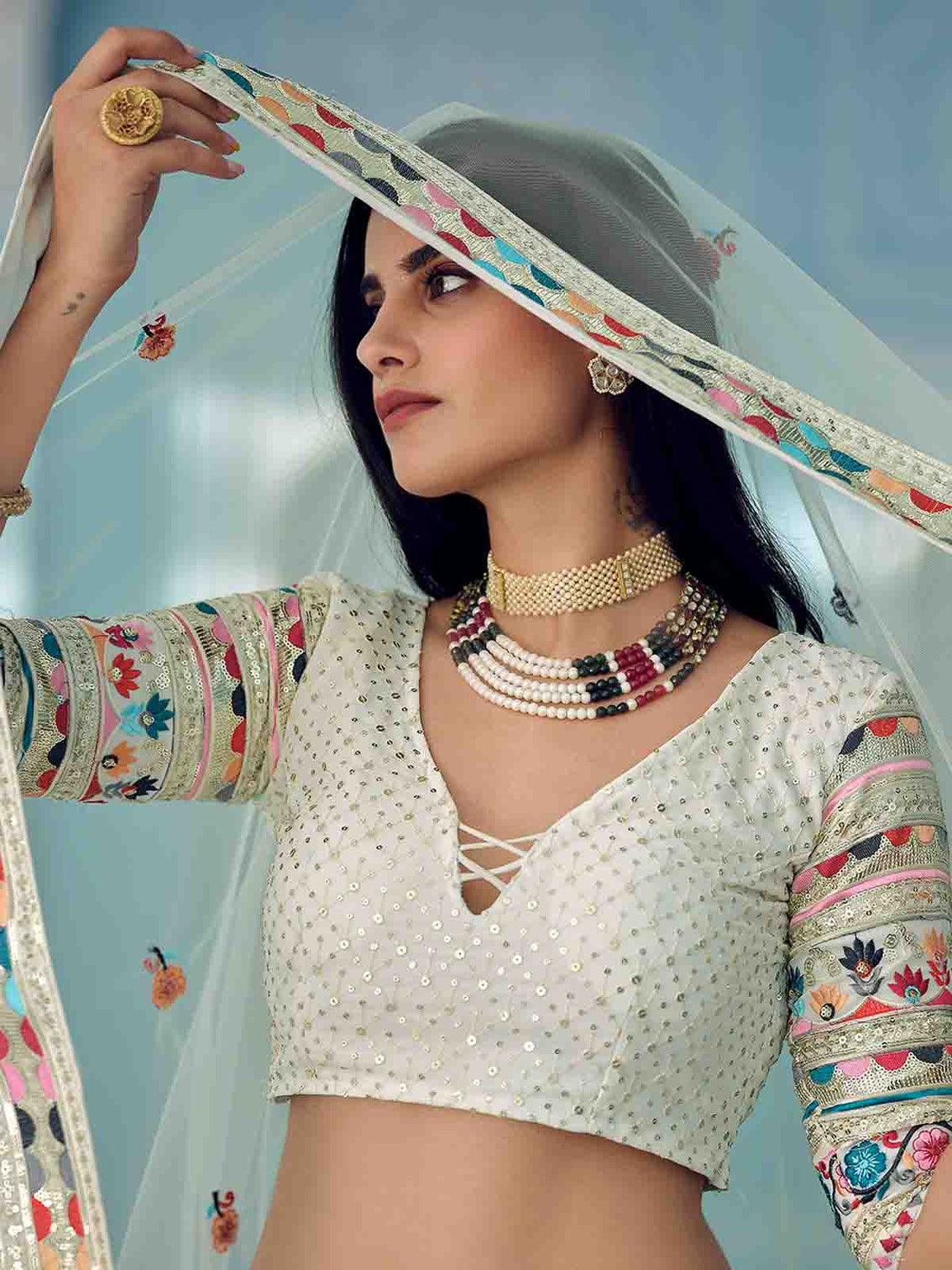 Designer White Semi Stitched Lehenga With Unstitched Blouse