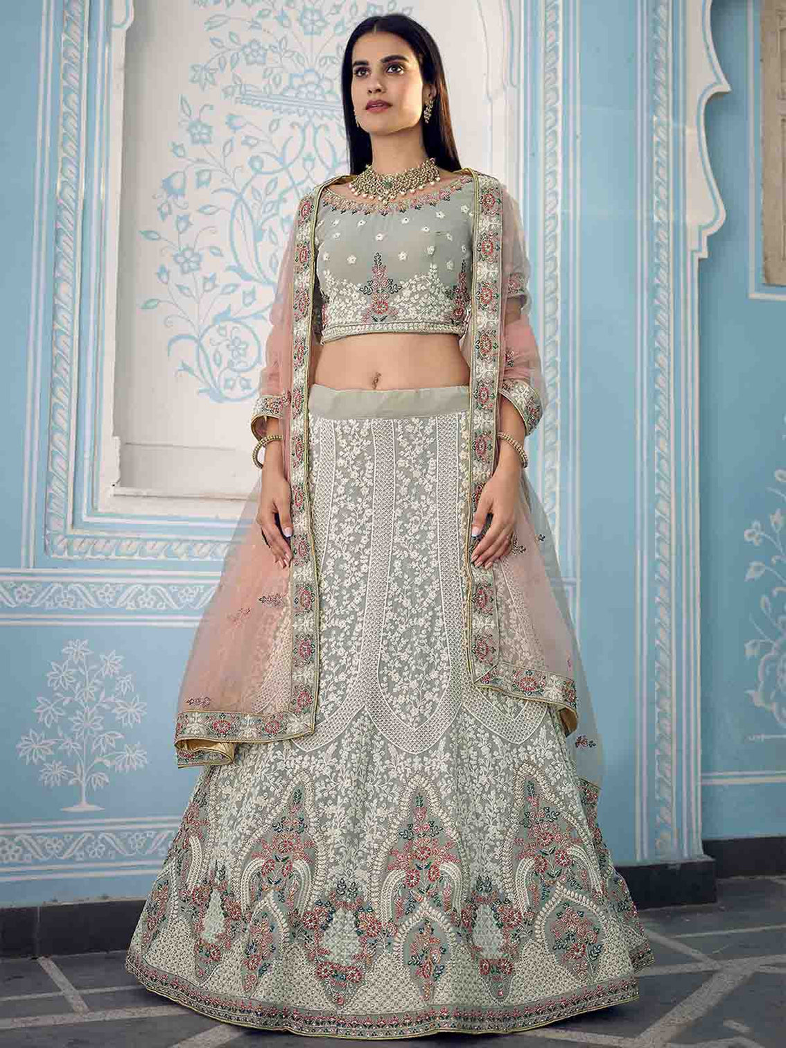 Grey Designer Semi Stitched Lehenga With Unstitched Blouse
