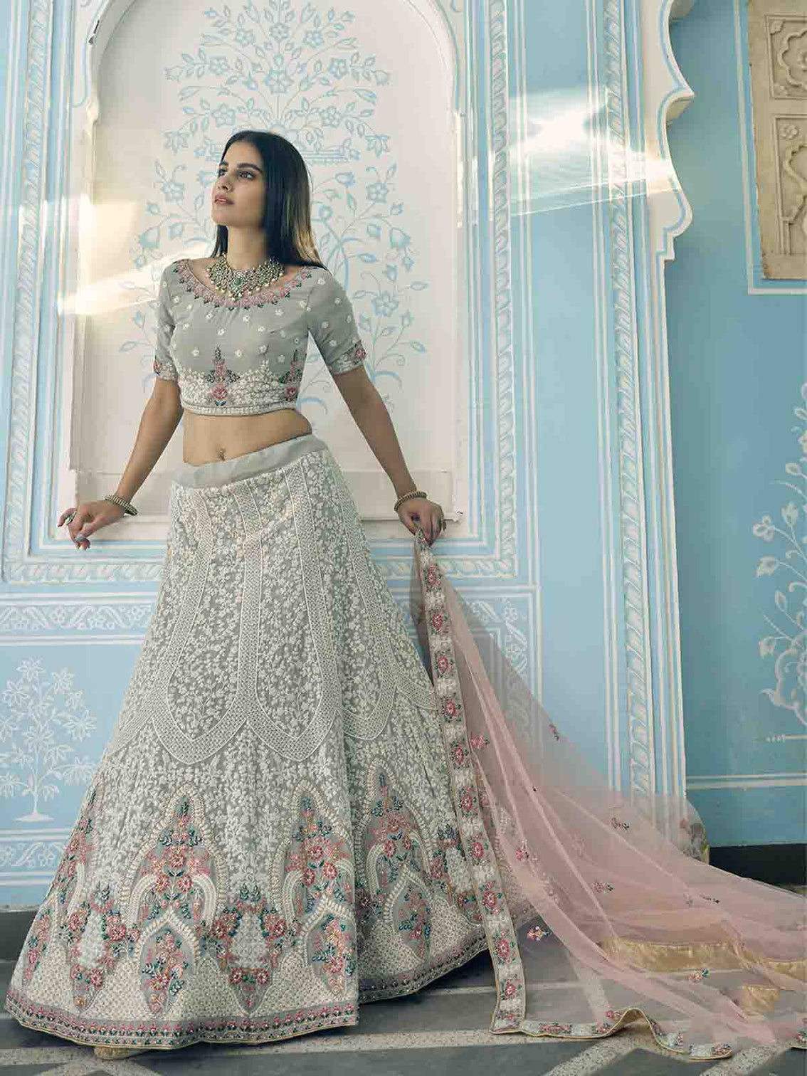 Grey Designer Semi Stitched Lehenga With Unstitched Blouse