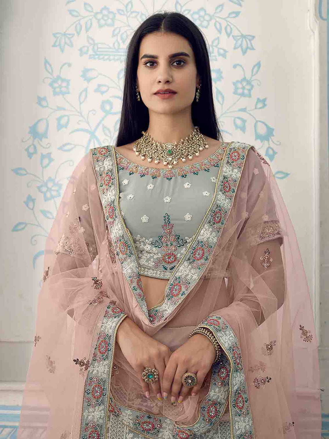 Grey Designer Semi Stitched Lehenga With Unstitched Blouse