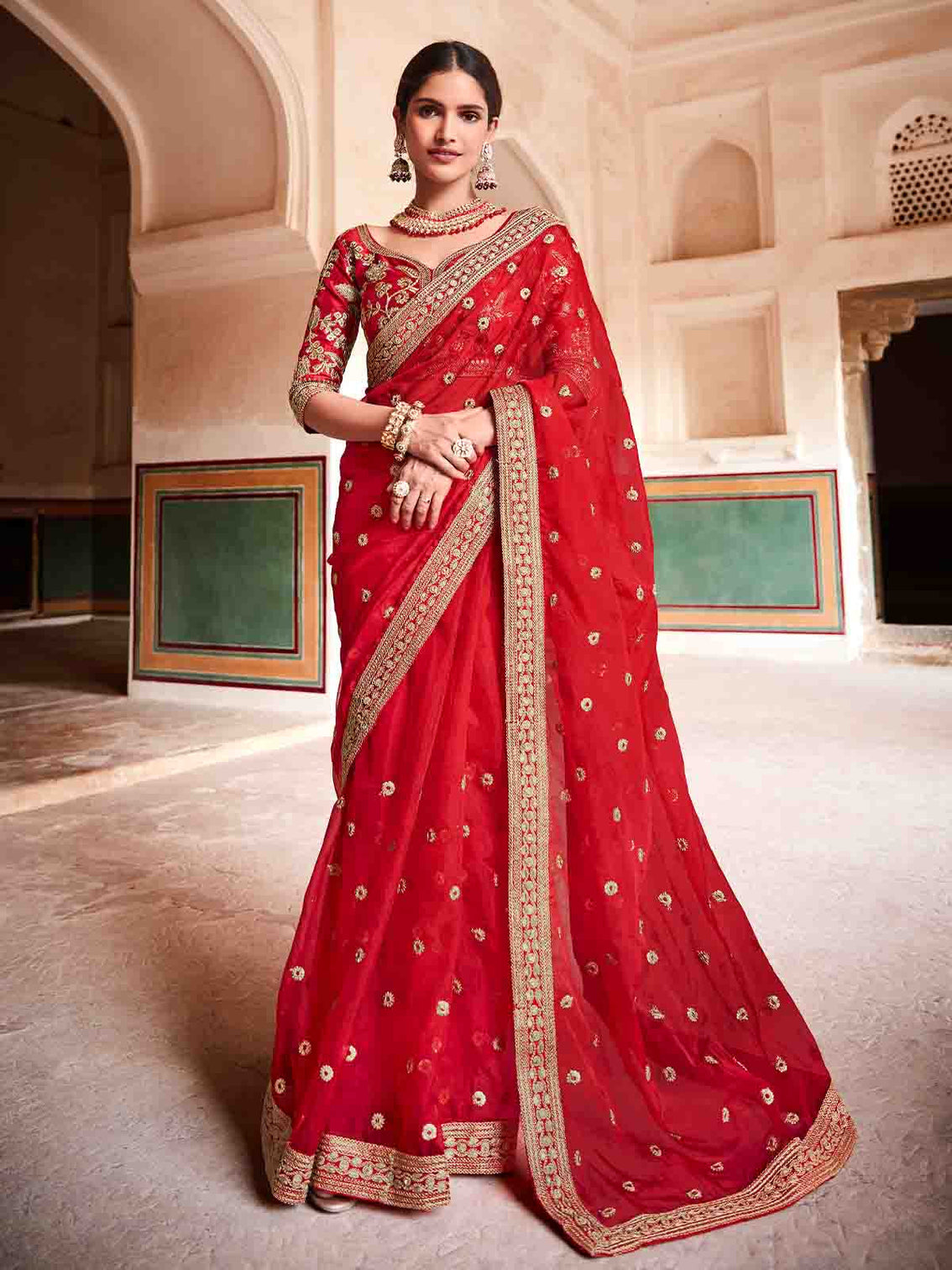 Red Organza Embroidered Saree With Unstitched Blouse